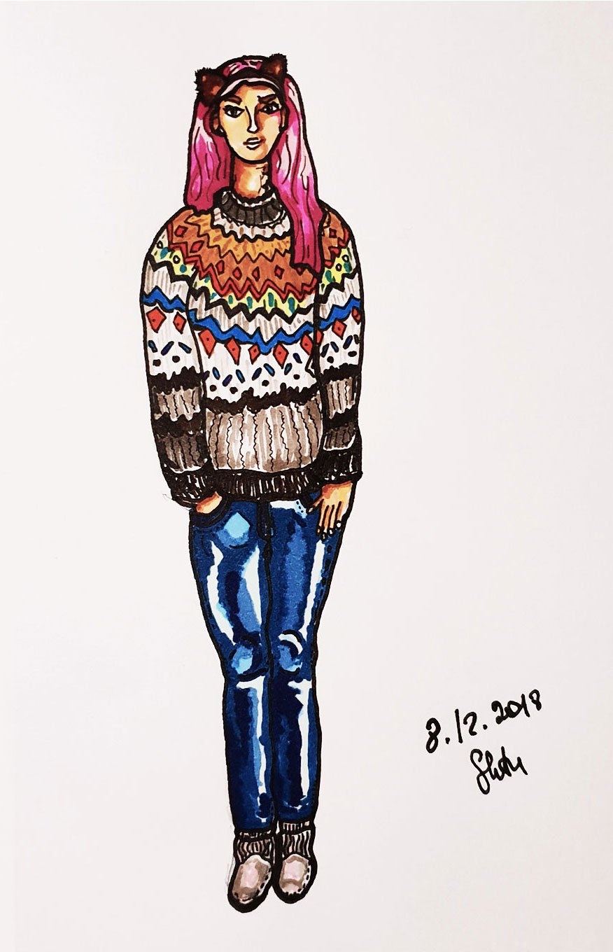 Pink hair girl in sweater